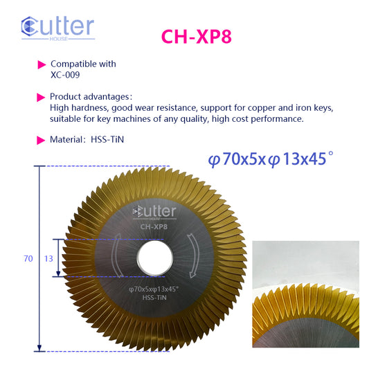 XP8 φ70x5xφ13x45° HSS-TiN Angle Milling Cutter compatible with Xhorse XC-009