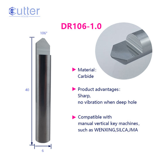 D6x106°x40Lx1T-1.0 Carbide Dimple Cutter compatible with Manual Key Cutting Machines