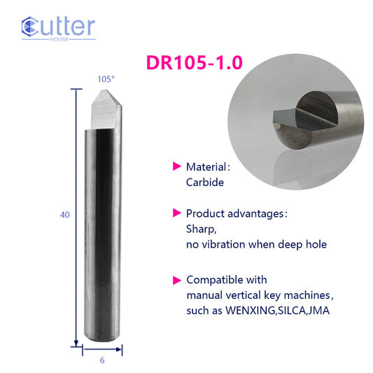 D6x105°x40Lx1T-1.0 Carbide Dimple Cutter compatible with Manual Key Cutting Machines